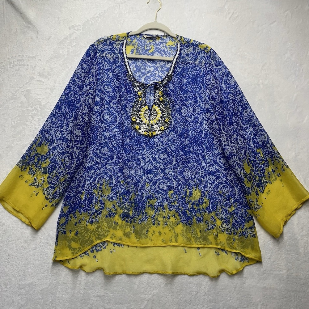 Soft Surroundings Sheer Beaded Top Womens Large Tie Front Sequined Boho